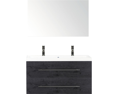Badmöbel-Set Sanox Straight BxHxT 100 x 170 x 40 cm Frontfarbe black oak mit Waschtisch Mineralguss weiß und Mineralguss-Doppelwaschtisch Spiegel Waschtischunterschrank Waschtisch mit zwei Schubladen, Waschbecken, zwei Armaturen und Spiegel