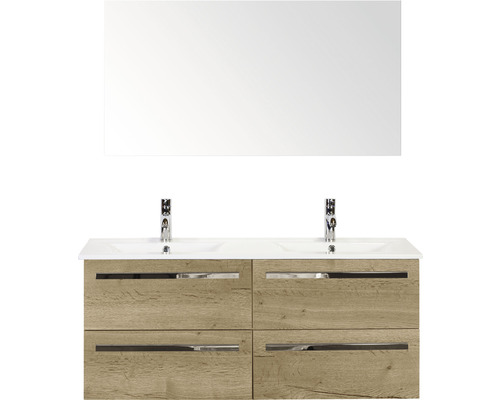 Badmöbel-Set Sanox Seville BxHxT 121 x 170 x 46 cm Frontfarbe eiche natur mit Waschtisch Keramik weiß und Keramik-Doppelwaschtisch Spiegel Waschtischunterschrank Doppelwaschtisch mit Spiegel für das Badezimmer