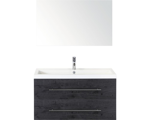 Badmöbel-Set Sanox Straight BxHxT 100 x 170 x 40 cm Frontfarbe black oak mit Waschtisch Mineralguss weiß und Mineralguss-Waschtisch Spiegel Waschtischunterschrank