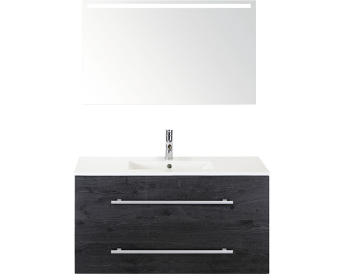 Badmöbel-Set Sanox Stretto BxHxT 101 x 170 x 39 cm Frontfarbe black oak mit Waschtisch Keramik weiß und Keramik-Waschtisch Spiegel mit LED-Beleuchtung Waschtischunterschrank