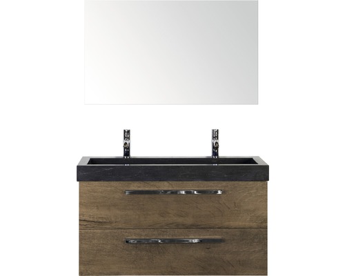 Badmöbel-Set Sanox Seville BxHxT 101 x 170 x 45,5 cm Frontfarbe tabacco mit Waschtisch Naturstein schwarz und Naturstein-Doppelwaschtisch Waschtischunterschrank Spiegel Waschtischkombination mit Spiegel und zwei Schubladen
