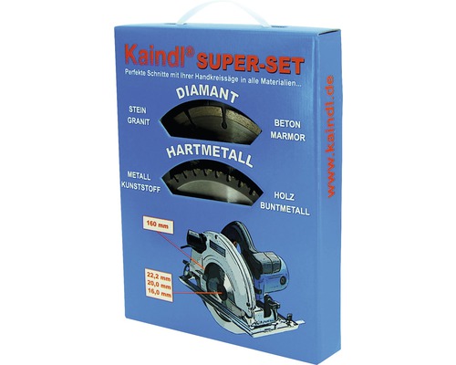 Kaindl Super-Set für Handkreissägen zum Schneiden verschiedener Materialien in einer blauen Verpackung.