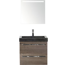 Badmöbel-Set Sanox Seville BxHxT 61 x 170 x 45,5 cm Frontfarbe tabacco mit Waschtisch Naturstein schwarz und Naturstein-Waschtisch Waschtischunterschrank Spiegel mit LED-Beleuchtung