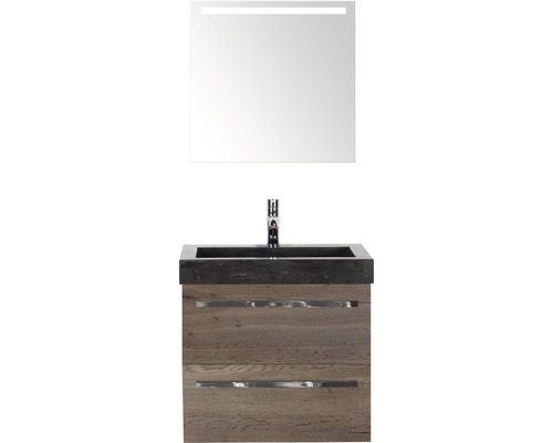 Badmöbel-Set Sanox Seville BxHxT 61 x 170 x 45,5 cm Frontfarbe tabacco mit Waschtisch Naturstein schwarz und Naturstein-Waschtisch Waschtischunterschrank Spiegel mit LED-Beleuchtung Waschtischkombination mit Spiegel und Unterschrank