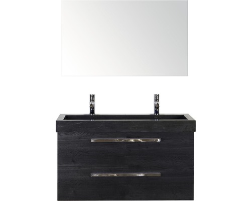 Badmöbel-Set Sanox Seville BxHxT 101 x 170 x 45,5 cm Frontfarbe schwarz eiche mit Waschtisch Naturstein schwarz und Naturstein-Doppelwaschtisch Waschtischunterschrank Spiegel Waschtisch mit zwei Schubladen, Aufsatzwaschbecken und Spiegel für das Badezimmer
