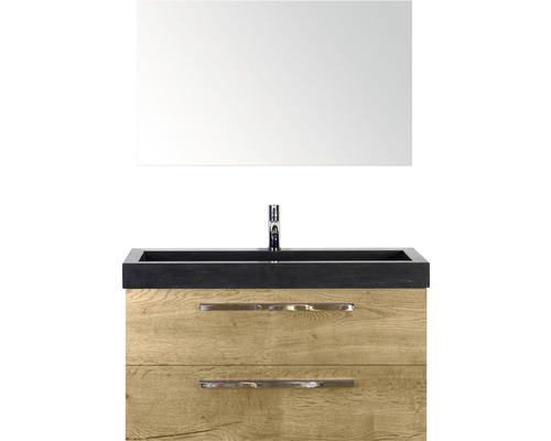 Badmöbel-Set Sanox Seville BxHxT 101 x 170 x 45,5 cm Frontfarbe eiche natur mit Waschtisch Naturstein schwarz und Naturstein-Waschtisch Waschtischunterschrank Spiegel Waschtischkombination mit Spiegel, Unterschrank, Waschbecken und Armatur