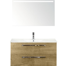 Badmöbel-Set Sanox Seville BxHxT 101 x 170 x 46 cm Frontfarbe eiche natur mit Waschtisch Keramik weiß und Keramik-Waschtisch Spiegel mit LED-Beleuchtung Waschtischunterschrank