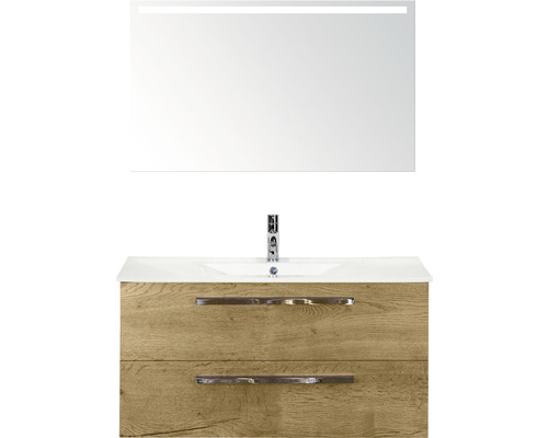 Badmöbel-Set Sanox Seville BxHxT 101 x 170 x 46 cm Frontfarbe eiche natur mit Waschtisch Keramik weiß und Keramik-Waschtisch Spiegel mit LED-Beleuchtung Waschtischunterschrank
