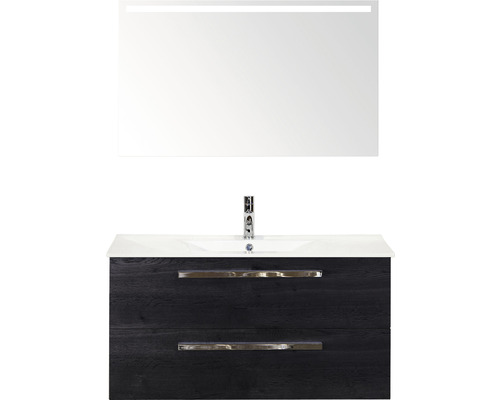 Badmöbel-Set Sanox Seville BxHxT 101 x 170 x 46 cm Frontfarbe black oak mit Waschtisch Keramik weiß und Keramik-Waschtisch Spiegel mit LED-Beleuchtung Waschtischunterschrank