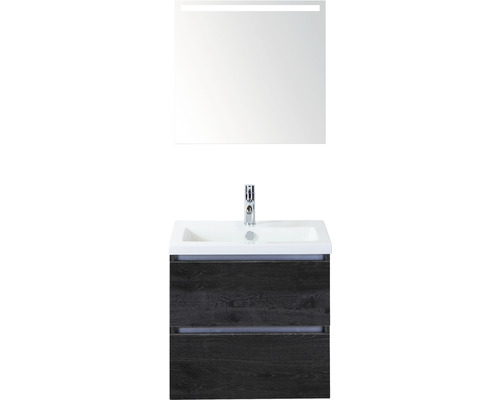 Badmöbel-Set Sanox Vogue BxHxT 61 x 170 x 41 cm Frontfarbe black oak mit Waschtisch Keramik weiß und Keramik-Waschtisch Waschtischunterschrank Spiegel mit LED-Beleuchtung