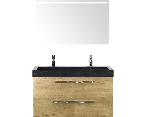Badmöbel-Set Sanox Seville BxHxT 101 x 170 x 45,5 cm Frontfarbe eiche natur mit Waschtisch Naturstein schwarz und Naturstein-Doppelwaschtisch Waschtischunterschrank Spiegel mit LED-Beleuchtung