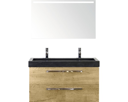 Badmöbel-Set Sanox Seville BxHxT 101 x 170 x 45,5 cm Frontfarbe eiche natur mit Waschtisch Naturstein schwarz und Naturstein-Doppelwaschtisch Waschtischunterschrank Spiegel mit LED-Beleuchtung Waschtisch mit zwei Schubladen, Aufsatzwaschbecken und Spiegel mit Beleuchtung