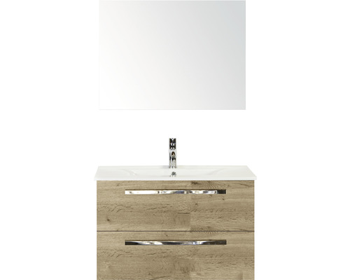 Badmöbel-Set Sanox Seville BxHxT 81 x 170 x 46 cm Frontfarbe eiche natur mit Waschtisch Keramik weiß und Keramik-Waschtisch Spiegel Waschtischunterschrank Waschtisch mit zwei Schubladen, Waschbecken und Spiegel für das Badezimmer