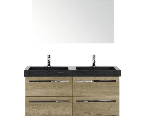 Badmöbel-Set Sanox Seville BxHxT 121 x 170 x 45,5 cm Frontfarbe eiche natur mit Waschtisch Naturstein schwarz und Naturstein-Doppelwaschtisch Waschtischunterschrank Spiegel Doppelwaschtisch mit Spiegel und Holzdekor