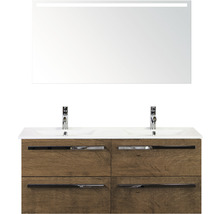 Badmöbel-Set Sanox Seville BxHxT 121 x 170 x 46 cm Frontfarbe tabacco mit Waschtisch Mineralguss weiß und Spiegel mit LED-Beleuchtung Waschtischunterschrank Mineralguss-Doppelwaschtisch