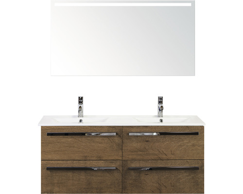 Badmöbel-Set Sanox Seville BxHxT 121 x 170 x 46 cm Frontfarbe tabacco mit Waschtisch Mineralguss weiß und Spiegel mit LED-Beleuchtung Waschtischunterschrank Mineralguss-Doppelwaschtisch Waschtisch mit zwei Waschbecken, vier Schubladen und Spiegel mit Beleuchtung