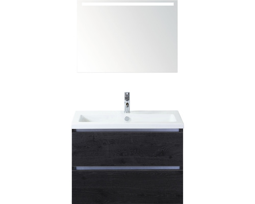 Badmöbel-Set Sanox Vogue BxHxT 81 x 170 x 41 cm Frontfarbe black oak mit Waschtisch Keramik weiß und Keramik-Waschtisch Waschtischunterschrank Spiegel mit LED-Beleuchtung