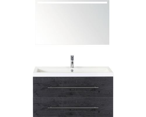 Badmöbel-Set Sanox Straight BxHxT 100 x 170 x 40 cm Frontfarbe black oak mit Waschtisch Mineralguss weiß und Mineralguss-Waschtisch Spiegel mit LED-Beleuchtung Waschtischunterschrank