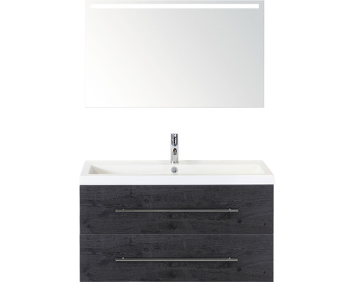 Badmöbel-Set Sanox Straight BxHxT 100 x 170 x 40 cm Frontfarbe black oak mit Waschtisch Mineralguss weiß und Mineralguss-Waschtisch Spiegel mit LED-Beleuchtung Waschtischunterschrank Waschtisch mit zwei Schubladen, Waschbecken und Spiegel mit Beleuchtung