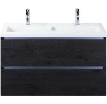 Waschtischunterschrank mit Waschbecken und zwei Armaturen