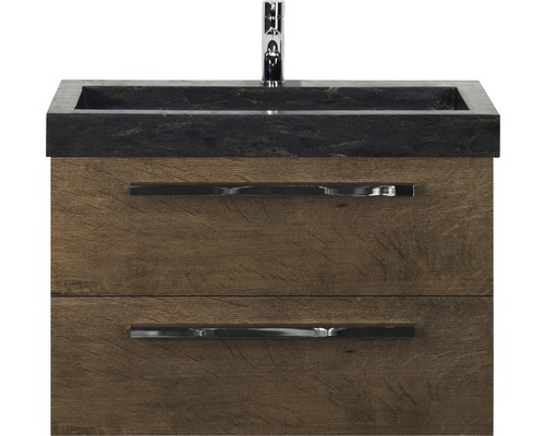 Einzelbadmöbel Sanox Seville BxHxT 81 x 170 x 45,5 cm Frontfarbe tabacco mit Waschtisch Naturstein schwarz und Waschtischunterschrank Waschtisch Spiegel Griff chrom glanz 81702239 Waschtischunterschrank mit zwei Schubladen, Waschtischplatte und Armatur