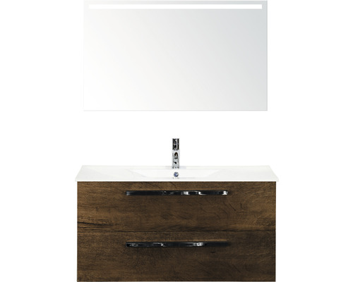 Badmöbel-Set Sanox Seville BxHxT 101 x 170 x 46 cm Frontfarbe tabacco mit Waschtisch Keramik weiß und Keramik-Waschtisch Spiegel mit LED-Beleuchtung Waschtischunterschrank