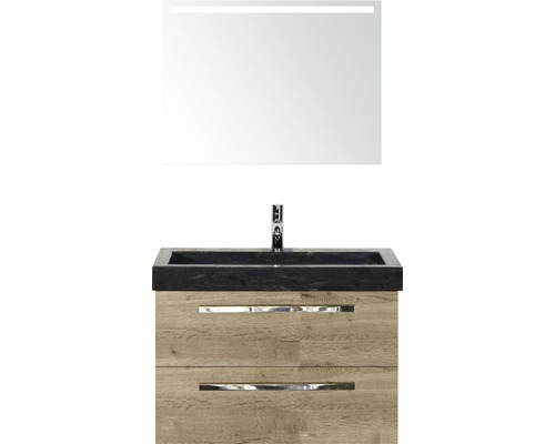 Badmöbel-Set Sanox Seville BxHxT 81 x 170 x 45,5 cm Frontfarbe eiche natur mit Waschtisch Naturstein schwarz und Naturstein-Waschtisch Waschtischunterschrank Spiegel mit LED-Beleuchtung