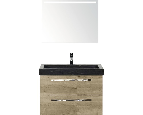 Badmöbel-Set Sanox Seville BxHxT 81 x 170 x 45,5 cm Frontfarbe eiche natur mit Waschtisch Naturstein schwarz und Naturstein-Waschtisch Waschtischunterschrank Spiegel mit LED-Beleuchtung Waschtischkombination mit Spiegel, Waschbecken, Armatur und Unterschrank im Badezimmer