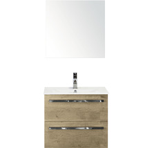 Badmöbel-Set Sanox Seville BxHxT 61 x 170 x 46 cm Frontfarbe eiche natur mit Waschtisch Keramik weiß und Keramik-Waschtisch Spiegel Waschtischunterschrank