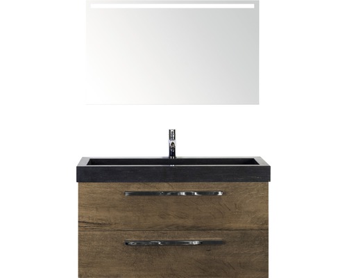Badmöbel-Set Sanox Seville BxHxT 101 x 170 x 45,5 cm Frontfarbe tabacco mit Waschtisch Naturstein schwarz und Naturstein-Waschtisch Waschtischunterschrank Spiegel mit LED-Beleuchtung Waschtisch mit Unterschrank und Spiegel mit Beleuchtung