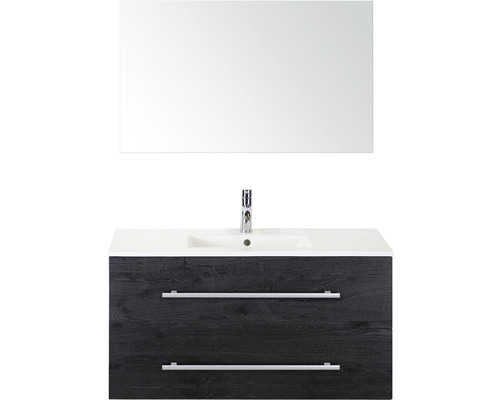Badmöbel-Set Sanox Stretto BxHxT 101 x 170 x 39 cm Frontfarbe black oak mit Waschtisch Keramik weiß und Keramik-Waschtisch Spiegel Waschtischunterschrank