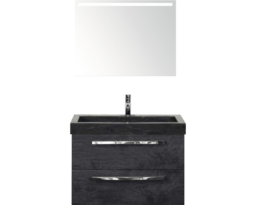 Badmöbel-Set Sanox Seville BxHxT 81 x 170 x 45,5 cm Frontfarbe schwarz eiche mit Waschtisch Naturstein schwarz und Naturstein-Waschtisch Waschtischunterschrank Spiegel mit LED-Beleuchtung