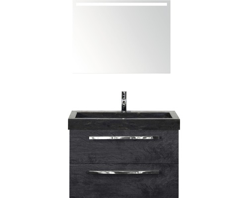 Badmöbel-Set Sanox Seville BxHxT 81 x 170 x 45,5 cm Frontfarbe schwarz eiche mit Waschtisch Naturstein schwarz und Naturstein-Waschtisch Waschtischunterschrank Spiegel mit LED-Beleuchtung Waschtisch mit Waschbeckenunterschrank, zwei Schubladen, Armatur und Leuchtspiegel für das Badezimmer