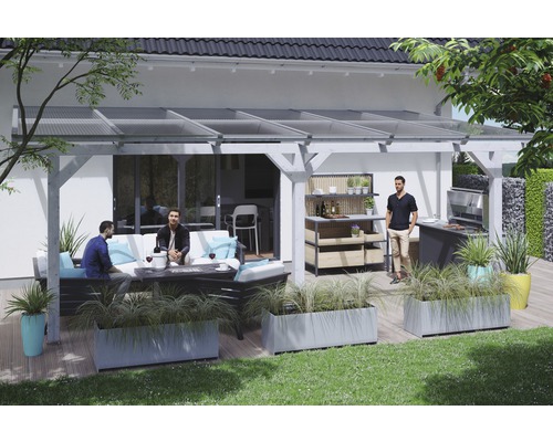 Terrassenüberdachung SKAN HOLZ Andria 648x350 cm weiß Überdachte Terrasse mit Sitzgruppe, Grill und Außenküche