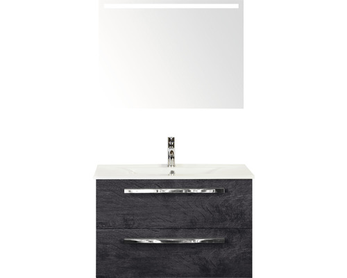 Badmöbel-Set Sanox Seville BxHxT 81 x 170 x 46 cm Frontfarbe black oak mit Waschtisch Keramik weiß und Keramik-Waschtisch Spiegel mit LED-Beleuchtung Waschtischunterschrank
