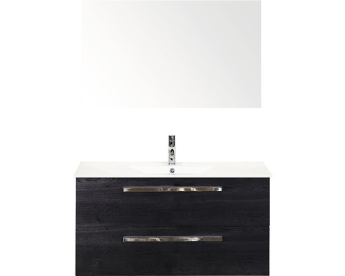 Badmöbel-Set Sanox Seville BxHxT 101 x 170 x 46 cm Frontfarbe black oak mit Waschtisch Keramik weiß und Keramik-Waschtisch Spiegel Waschtischunterschrank
