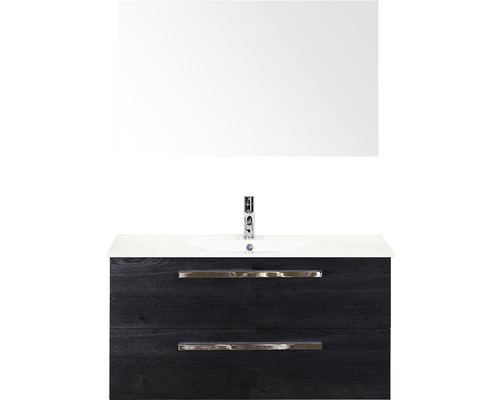Badmöbel-Set Sanox Seville BxHxT 101 x 170 x 46 cm Frontfarbe black oak mit Waschtisch Keramik weiß und Keramik-Waschtisch Spiegel Waschtischunterschrank Waschtisch mit Waschbecken und Spiegel für das Badezimmer