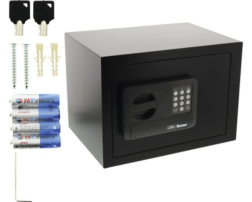 Schwarzer Möbeltresor mit elektronischem Schloss, Schlüssel, Batterien, Schrauben und Dübel