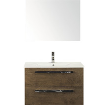 Badmöbel-Set Sanox Seville BxHxT 81 x 170 x 46 cm Frontfarbe tabacco mit Waschtisch Keramik weiß und Keramik-Waschtisch Spiegel Waschtischunterschrank