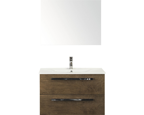 Badmöbel-Set Sanox Seville BxHxT 81 x 170 x 46 cm Frontfarbe tabacco mit Waschtisch Keramik weiß und Keramik-Waschtisch Spiegel Waschtischunterschrank Waschtischunterschrank mit zwei Schubladen, Aufsatzwaschbecken und Spiegel für das Badezimmer