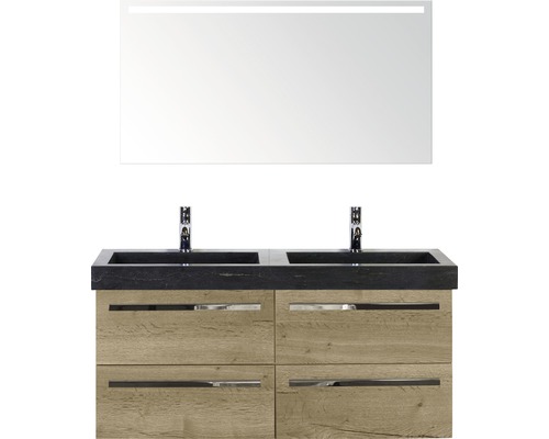 Badmöbel-Set Sanox Seville BxHxT 121 x 170 x 45,5 cm Frontfarbe eiche natur mit Waschtisch Naturstein schwarz und Naturstein-Doppelwaschtisch Waschtischunterschrank Spiegel mit LED-Beleuchtung Doppelwaschtisch mit Spiegel und Unterschrank für das Badezimmer