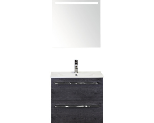Badmöbel-Set Sanox Seville BxHxT 61 x 170 x 46 cm Frontfarbe black oak mit Waschtisch Keramik weiß und Keramik-Waschtisch Spiegel mit LED-Beleuchtung Waschtischunterschrank