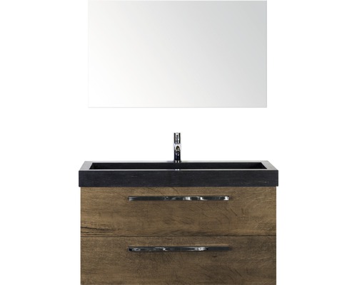 Badmöbel-Set Sanox Seville BxHxT 101 x 170 x 45,5 cm Frontfarbe tabacco mit Waschtisch Naturstein schwarz und Naturstein-Waschtisch Waschtischunterschrank Spiegel Waschtisch mit Spiegel, Unterschrank mit zwei Schubladen und Armatur