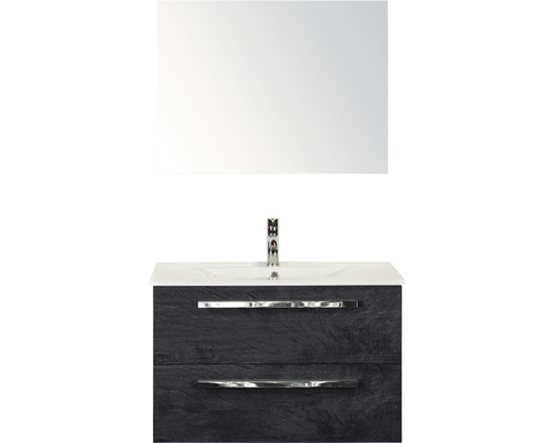 Badmöbel-Set Sanox Seville BxHxT 81 x 170 x 46 cm Frontfarbe black oak mit Waschtisch Keramik weiß und Keramik-Waschtisch Spiegel Waschtischunterschrank
