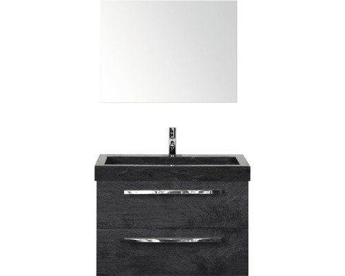 Badmöbel-Set Sanox Seville Frontfarbe schwarz eiche BxHxT 81 x 170 x 45,5 cm mit Natursteinwaschtisch und Spiegel