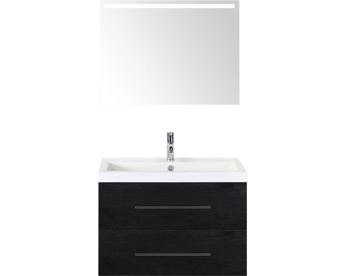 Badmöbel-Set Sanox Straight BxHxT 80 x 170 x 40 cm Frontfarbe black oak mit Waschtisch Mineralguss weiß und Mineralguss-Waschtisch Spiegel mit LED-Beleuchtung Waschtischunterschrank