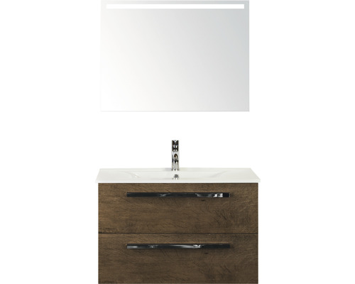 Badmöbel-Set Sanox Seville BxHxT 81 x 170 x 46 cm Frontfarbe tabacco mit Waschtisch Keramik weiß und Keramik-Waschtisch Spiegel mit LED-Beleuchtung Waschtischunterschrank Waschtischkombination mit Spiegel und zwei Schubladen