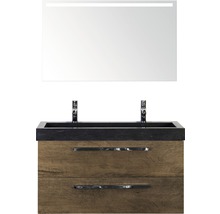 Badmöbel-Set Sanox Seville Frontfarbe Tabacco BxHxT 101 x 170 x 45,5 cm mit Natursteinwaschtisch und Spiegel mit LED-Beleuchtung