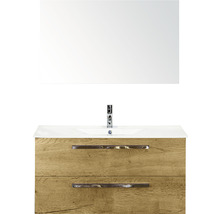 Badmöbel-Set Sanox Seville BxHxT 101 x 170 x 46 cm Frontfarbe eiche natur mit Waschtisch Keramik weiß und Keramik-Waschtisch Spiegel Waschtischunterschrank