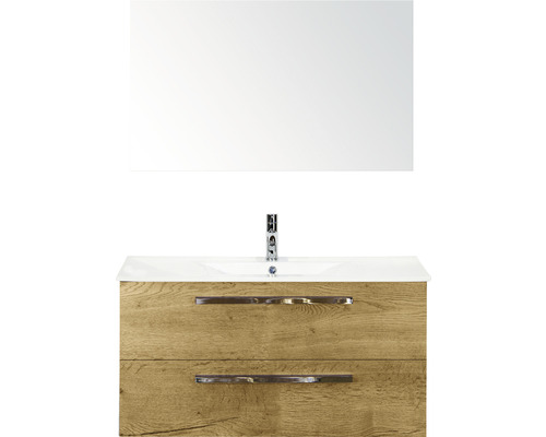 Badmöbel-Set Sanox Seville BxHxT 101 x 170 x 46 cm Frontfarbe eiche natur mit Waschtisch Keramik weiß und Keramik-Waschtisch Spiegel Waschtischunterschrank